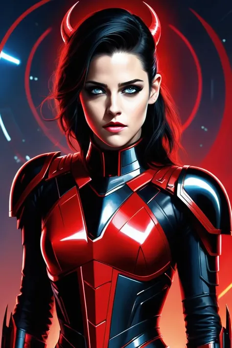 (Jaded Painting:1.3) of (Sketched:1.3),(Proud:1.3),(kristen stewart,aimee garcia),(a demon cyborg hybrid, (Clad in sleek, black armor melded with pulsating crimson circuits, her attire blends sinister aesthetics with futuristic functionality), (Possessing a ruthless determination, she emanates a chilling aura of power and cunning, unyielding in her pursuit of dominance), (Her mesmerizing eyes glow with an otherworldly intensity, while cybernetic limbs and horns intertwine with her demonic features, embodying an eerie fusion of technology and darkness)), ((Ambient Occlusion, Volumetric Lighting, Volumetric Light, Volumetric, Natural Lighting, super resolution, ultra hd, megapixel, (8k resolution), 8k, 8kres, 8k res, absurdres, high resolution)),(by Artist Peter Elson:1.3),(by Artist Apollonia Saintclair:1.3),(by Artist Mike Winkelmann:1.3),(Computer Art:1.3)