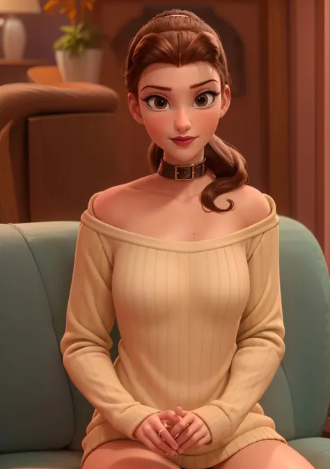 Belleodd,1girl,pony tail,brown hair,makeup,lipstick,looking at viewer,medium breasts,collar bone,revealing shoulders,loose knit white sweater,daytime,volumetric lighting,realistic,blurred background,<lora:Belle_ODD:0.65>,sitting, couch, full body,