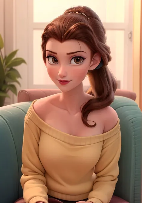 Belleodd,1girl,pony tail,brown hair,makeup,lipstick,looking at viewer,medium breasts,collar bone,revealing shoulders,loose knit white sweater,daytime,volumetric lighting,realistic,blurred background,<lora:Belle_ODD:0.65>,sitting, couch, full body,