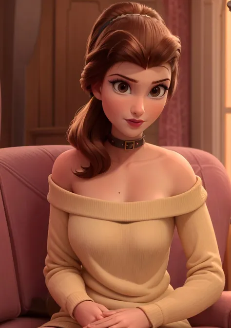 Belleodd,1girl,pony tail,brown hair,makeup,lipstick,looking at viewer,medium breasts,collar bone,revealing shoulders,loose knit white sweater,daytime,volumetric lighting,realistic,blurred background,<lora:Belle_ODD:0.65>,sitting, couch, full body,