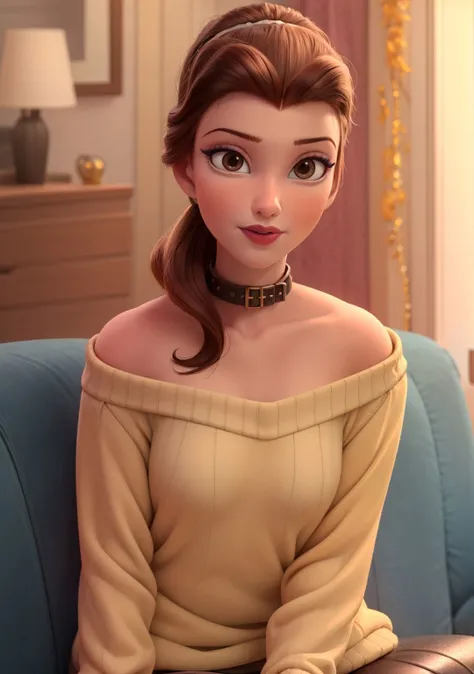Belleodd,1girl,pony tail,brown hair,makeup,lipstick,looking at viewer,medium breasts,collar bone,revealing shoulders,loose knit white sweater,daytime,volumetric lighting,realistic,blurred background,<lora:Belle_ODD:0.65>,sitting, couch, full body,