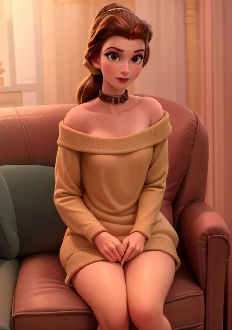 Belleodd,1girl,pony tail,brown hair,makeup,lipstick,looking at viewer,medium breasts,collar bone,revealing shoulders,loose knit white sweater,daytime,volumetric lighting,realistic,blurred background,<lora:Belle_ODD:0.65>,sitting, couch, full body,