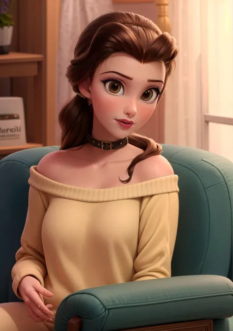 Belleodd,1girl,pony tail,brown hair,makeup,lipstick,looking at viewer,medium breasts,collar bone,revealing shoulders,loose knit white sweater,daytime,volumetric lighting,realistic,blurred background,<lora:Belle_ODD:0.65>,sitting, couch, full body,