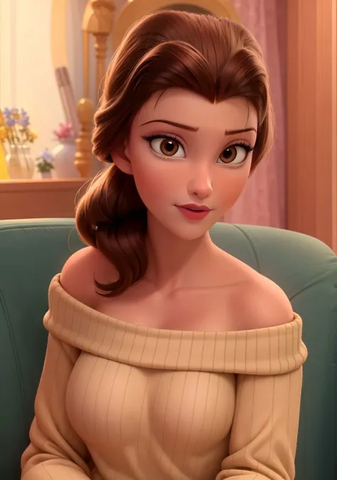 Belleodd,1girl,pony tail,brown hair,makeup,lipstick,looking at viewer,medium breasts,collar bone,revealing shoulders,loose knit white sweater,daytime,volumetric lighting,realistic,blurred background,<lora:Belle_ODD:0.65>,sitting, couch, full body,