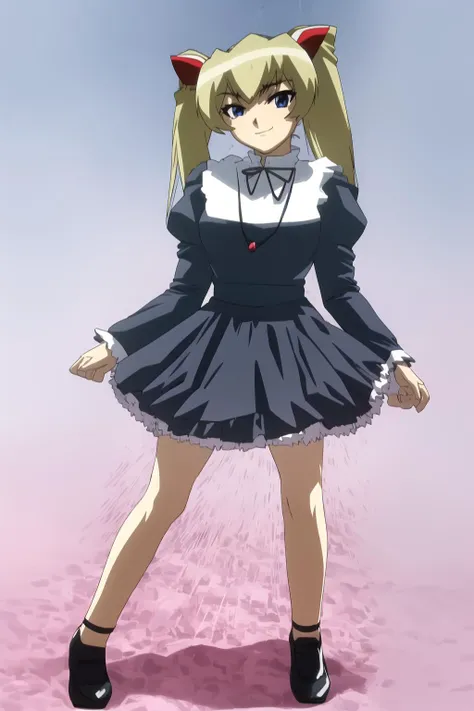 AyumiMamiya, 1girl, solo, looking at viewer, blue eyes, long_ponytail, twintails, black, maid, dress, , necklace, rubber, hair scrunchie, black skirt, gem, vintage dress \(module\), blue_sky, black shoes, blonde_hair, evil smile, full_body, twin_tails, AyumiMamiya,black dress,
<lora:ac0294a6-d2f0-4a14-8b46-5111d359ecbb.TA_trained:1>