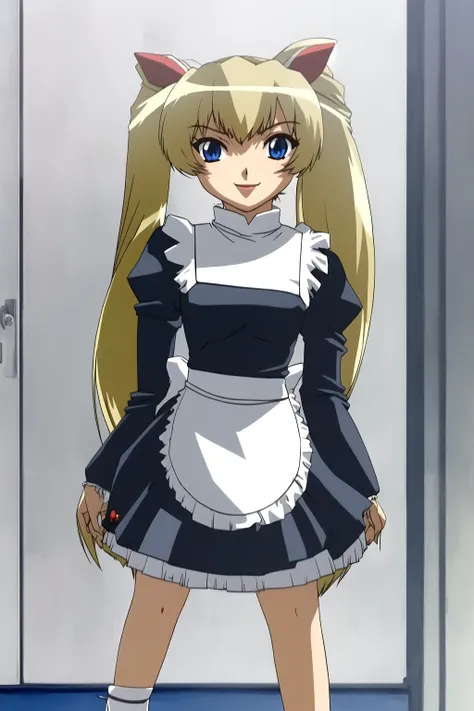 AyumiMamiya, 1girl, solo, looking at viewer, blue eyes, long_ponytail, twintails, black, maid, dress, , necklace, rubber, hair scrunchie, black skirt, gem, vintage dress \(module\), blue_sky, black shoes, blonde_hair, evil smile, full_body, twin_tails, AyumiMamiya,black dress, long long hair,
<lora:ac0294a6-d2f0-4a14-8b46-5111d359ecbb.TA_trained:1>