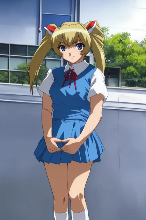 AyumiMamiya, 1girl, solo, looking at viewer, blue eyes, long_ponytail, twintails, school_uniform, red ribbon, hair scrunchie, short white sleeves, vintage dress \(module\), blue_sky, black shoes, blonde_hair, evil smile, full_body, blue_dress, twin_tails, low shocks, AyumiMamiya
<lora:ac0294a6-d2f0-4a14-8b46-5111d359ecbb.TA_trained:1>