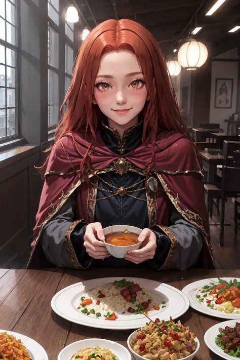 IncrsLunarPrincessRanni, <lora:LunarPrincessRanni:1>, dress, long sleeves, cape, food, simple background, elbows on table, cup, blurry background, indoors, upper body, <lora:Pos_AcrossTable:1>, looking at viewer, blush, light smile,