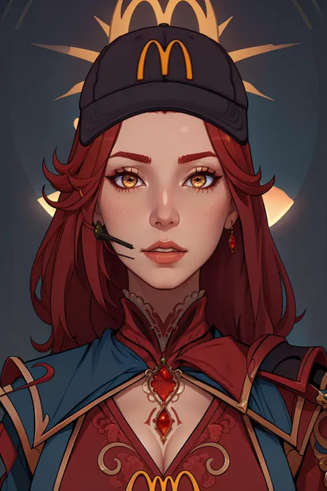 (masterpiece, best quality, absurdres, 4k, aesthetic, detailed, intricate, perfect lighting),<lora:McDonalds_PFP:0.9> mcdonald's profile photo,1girl,mcdonald's hat,hat,IncrsLunarPrincessRanni,red hair <lora:LunarPrincessRanni:1>