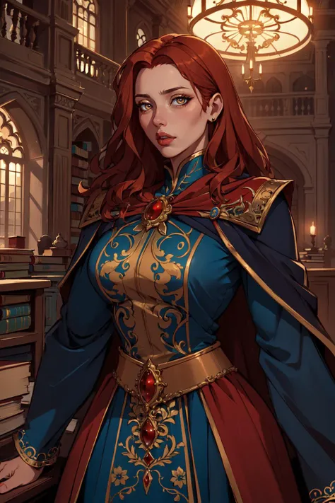 (masterpiece,best quality,absurdres,beautiful,aesthetic,detailed),in library,solo,1girl,IncrsLunarPrincessRanni,red hair,ornate dress, long sleeves, cape <lora:LunarPrincessRanni:1>