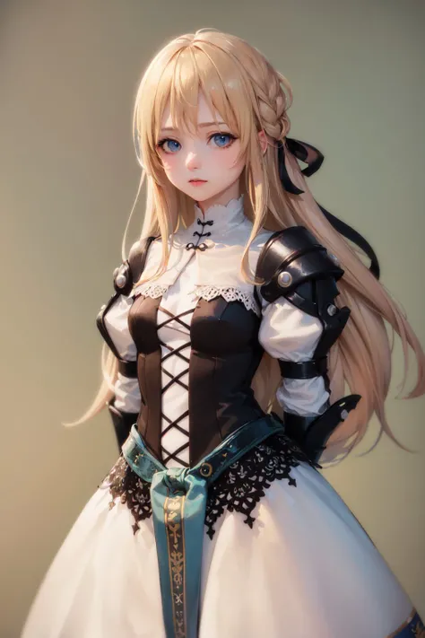 (masterpiece, best quality:1.2), <lora:yggdraunion_artwaltz-10:0.8>, cowboy shot, solo, 1girl, yggdra yuril artwaltz, expressionless, closed mouth, looking at viewer, hair ribbon, dress, armor