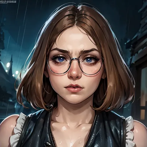 kkw-detailMe-v1.0 kkw-ph1 , (<lora:Vanessa_Harris:1> glasses, chubby, curvy, bbw, light hazelnut hair, bob haircut, blue eyes, full lips)   <lora:Alessandro-Biffignandi_sd1.5_v1:1> Alessandro Biffignandi, BREAK norwegian, portrait, looking at viewer, solo, upper body, detailed background, ( theme:1.1), nordic medieval norse berserker, grim expression,  norse  mythology, fury of the old gods,   blood soaked, simple gray fur lined leather vest,    soaked in the rain,  norse  atmosphere,