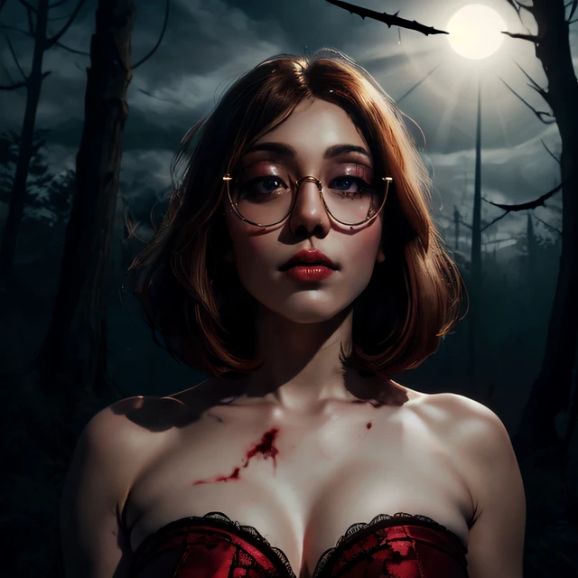 kkw-detailMe-v1.0 kkw-ph1 , (<lora:Vanessa_Harris:1> glasses, chubby, curvy, bbw, light hazelnut hair, bob haircut, blue eyes, full lips)  <lora:C7b3rp0nkStyle:0.31> C7b3rp0nkStyle, BREAK Style-GravityMagic,  solo, half shot, looking down, detailed background, detailed face, ( theme:1.1) vampire,  bloodthirsty,  vampire fangs, tattered [dark:orchid:5] clothes,      evil smirk, blood stains, haunting, supernatural abilities,  red glow,  cobwebs, forest in background,  moonlit sky,   mist, shadows, eerie atmosphere,