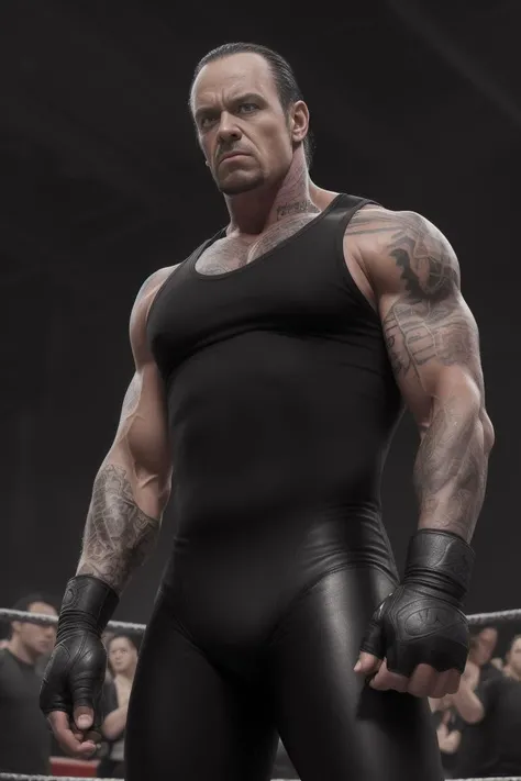 photo of (TheUndertaker2), a man as a WWE star, modelshoot style, ((closeup)), (extremely detailed CG unity 8k wallpaper), photo of the most beautiful artwork in the world, professional majestic oil painting by Ed Blinkey, Atey Ghailan, Studio Ghibli, by Jeremy Mann, Greg Manchess, Antonio Moro, trending on ArtStation, trending on CGSociety, Intricate, High Detail, Sharp focus, dramatic, photorealistic painting art by midjourney and greg rutkowski, (((plain black low cut wrestling top))), (((long black tights))), (((tall black leather boots))), (((black elbow pads))), ((arena)), ((standing in ring)), ((crowd in the background)), (looking at the camera), (detailed pupils:1.3), (close up), ((black MMA gloves)), ((tattooed arms))