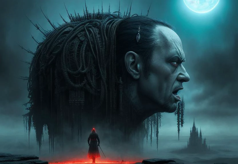 (theUndertaker2), photorealistic, horror, art, masterpiece, intricate details, hair tangle, beauty, eyes convey a sense of fear, mouth twisted, scream, intricate, wide-angle shot, light and shadows, sense of depth, high-quality details, masterpiece, Bruce Pennington, H.R. Giger, Tsutomu Nihei, Wayne Barlowe, and Zdzislaw Beksinski, cinematic, horror, 8K