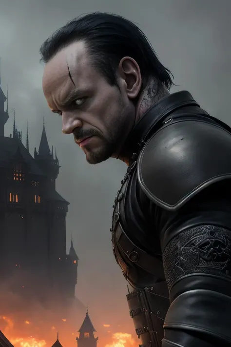 photo of (TheUndertaker2), a man as a zombie, (black skull armor), (((black leather))), modelshoot style, (extremely detailed CG unity 8k wallpaper), photo of the most beautiful artwork in the world, professional majestic oil painting by Ed Blinkey, Atey Ghailan, Studio Ghibli, by Jeremy Mann, Greg Manchess, Antonio Moro, trending on ArtStation, trending on CGSociety, Intricate, High Detail, Sharp focus, dramatic, photorealistic painting art by midjourney and greg rutkowski, ((hell)), ((gothic castle in the background)), (looking at viewer:1.3), (detailed pupils:1.3), (closeup), (angry), (((ht shoot)))