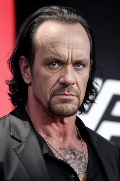 photo of (TheUndertaker2), a man as a star, wearing a black on-up shirt, modelshoot style, oil painting, extremely detailed CG unity 8k wallpaper, photo of the most beautiful artwork in the world, professional majestic oil painting, trending on ArtStation, trending on CGSociety, Intricate, High Detail, Sharp focus, dramatic, photorealistic painting art by midjourney, (WWE hall of fame), (standing on the red carpet), (paparazzi in the background:1),(looking at viewer), (detailed eyes), (detailed pupils), medium-long shot, (closeup)