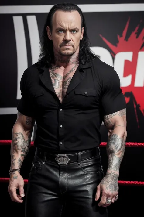 photo of (TheUndertaker2), a man as a star, wearing a black on-up shirt, short hair, modelshoot style, oil painting, extremely detailed CG unity 8k wallpaper, photo of the most beautiful artwork in the world, professional majestic oil painting, trending on ArtStation, trending on CGSociety, Intricate, High Detail, Sharp focus, dramatic, photorealistic painting art by midjourney, (WWE hall of fame), (standing on the red carpet), (paparazzi in the background:1),(looking at viewer), (detailed eyes), (detailed pupils), medium-long shot, (closeup)