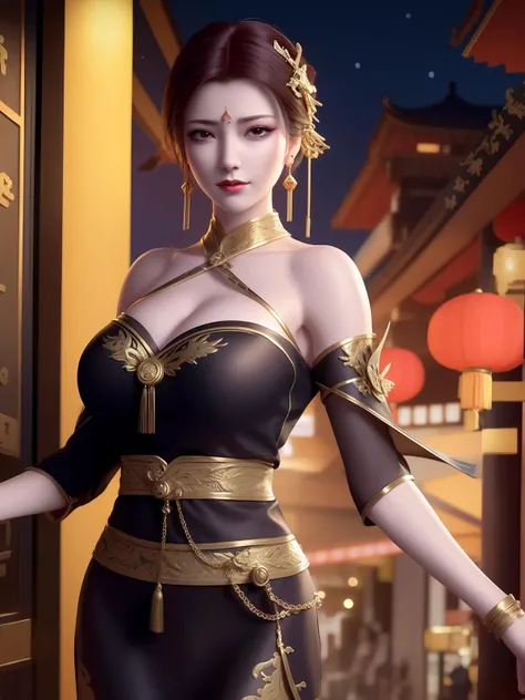 <lora:DPCQyafei_20230731162733:0.75>,1girl,mature female, cityscape, night, looking at viewer, china dress, jewelry, short hair, earrings, dress, facial mark, forehead mark, hair ornament, bare shoulders, detached sleeves, cowboy shot, obi,collar,gold chain, trim,strap,