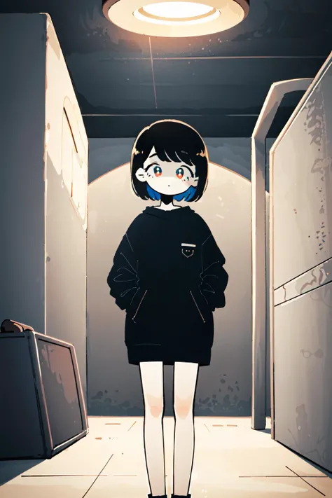 masterpiece, best quality, <lora:keke:1> <lora:epiNoiseoffset_v3:1> <lora:add_detail:0> <lora:GoodHands-vanilla:1>, symbol-shaped pupils, colorful, flat color, (1girl), looking at viewer, facing viewer, casual, short hair,  <lora:basement_v0.2:1>, basement, dark, dim light, dimly lit, shadow, ceiling light