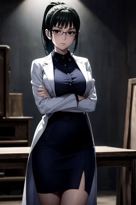 (masterpiece, best quality, detailed), 1girl, solo, looking at viewer, green hair, ponytail, glasses, brown eyes,
scientist, labcoat, glasses, collared shirt, pencil skirt, <lora:basement_v0.2:1> basement, (dark:1.5), dimly lit, crossed arms, breast hold, arms under breasts, closed mouth