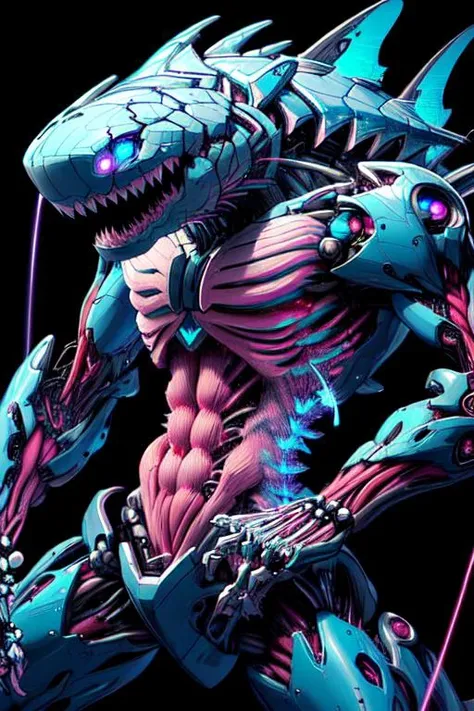 detailed, ultra-detailed, masterpiece, 8k wallpaper,<lora:BIOMECHA:1> , (bio mecha:1.5),(mecha:1.4), , (muscle:1.3), (muscle tissue:1.5), shark,no humans,hybrid, monster, simple background, extra eyes, mecha, laser, solo, science fiction, teeth, glowing,dripping, cable, claws, shark dog,mechanical tail, weapon,