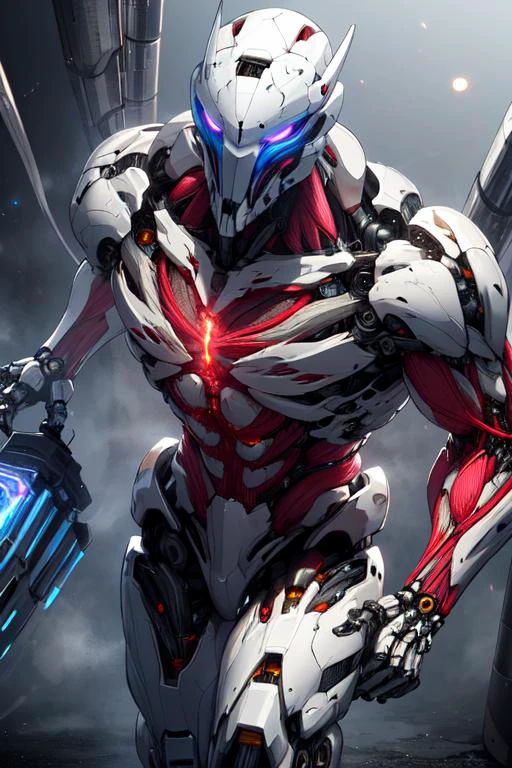 (best quality:1.2) (4k:1.) (highres:1.1) , (realistic photograph:1.1) , (ultra detailed CG:1.1) ,
1boy , solo , silver , <lora:BIOMECHA:.8> (bio mecha:1) , (muscle:1.1) , (muscle tissue:1.1) , artificial muscle tissue , mechanical joints , cables , tube , <lora:robotbattle:.2> (white robot:.6) , (roblit:.6) , holding weapon , gun , shooting position , beam , mask , determined , running towards viewer , dynamic pose , heat haze , soot , <lora:epiCRealismHelper:1> <lora:Gloomifier_TheDread_V1_LECO:1.>
