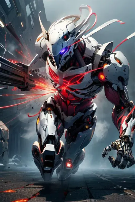 (best quality:1.2) (4k:1.) (highres:1.1) , (realistic photograph:1.1) , (ultra detailed CG:1.1) ,
1boy , solo , silver , <lora:BIOMECHA:.8> (bio mecha:1) , (muscle:1.1) , (muscle tissue:1.1) , artificial muscle tissue , mechanical joints , cables , tube , <lora:robotbattle:.2> (white robot:.6) , (roblit:.6) , holding weapon , gun , shooting position , beam , mask , determined , running towards viewer , dynamic pose , heat haze , soot , <lora:epiCRealismHelper:1> <lora:Gloomifier_TheDread_V1_LECO:1.>