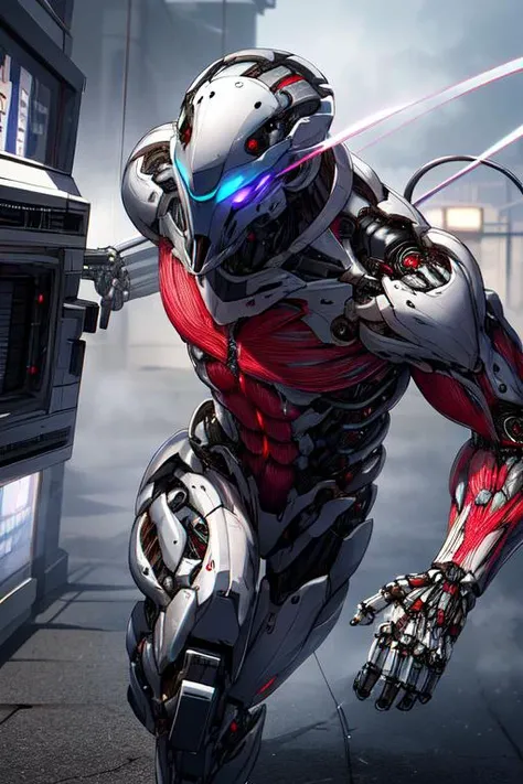 (best quality:1.2) (4k:1.) (highres:1.1) , (realistic photograph:1.1) , (ultra detailed CG:1.1) ,
1boy , solo , silver , <lora:BIOMECHA:.8> (bio mecha:1) , (muscle:1.1) , (muscle tissue:1.1) , artificial muscle tissue , mechanical joints , cables , tube , <lora:robotbattle:.2> (white robot:.6) , (roblit:.6) , holding weapon , gun , shooting position , beam , mask , determined , running towards viewer , dynamic pose , heat haze , soot , <lora:epiCRealismHelper:1>  <lora:Gloomifier_TheDread_V1_LECO:1.>