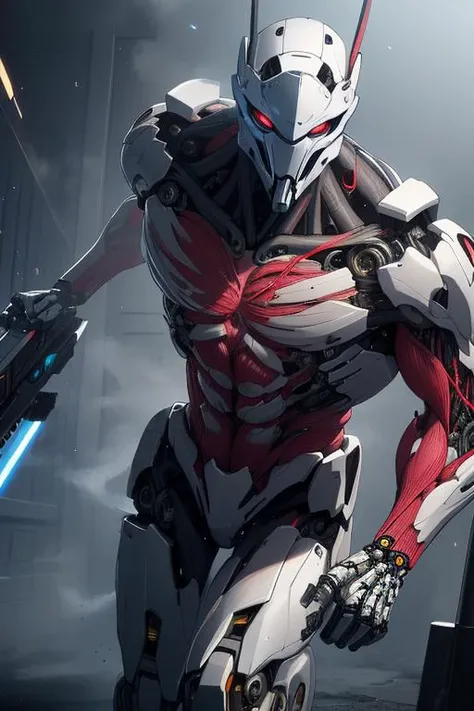 (best quality:1.2) (4k:1.) (highres:1.1) , (realistic photograph:1.1) , (ultra detailed CG:1.1) ,
1boy , solo , silver , <lora:BIOMECHA:.8> (bio mecha:1) , (muscle:1.1) , (muscle tissue:1.1) , artificial muscle tissue , mechanical joints , cables , tube , <lora:robotbattle:.2> (white robot:.6) , (roblit:.6) , holding weapon , gun , shooting position , beam , mask , determined , running towards viewer , dynamic pose , heat haze , soot , <lora:epiCRealismHelper:1> <lora:Gloomifier_TheDread_V1_LECO:1.>