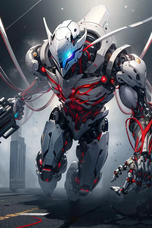 (best quality:1.2) (4k:1.) (highres:1.1) , (realistic photograph:1.1) , (ultra detailed CG:1.1) ,
1boy , solo , silver , <lora:BIOMECHA:.8> (bio mecha:1) , (muscle:1.1) , (muscle tissue:1.1) , artificial muscle tissue , mechanical joints , cables , tube , <lora:robotbattle:.2> (white robot:.6) , (roblit:.6) , holding weapon , gun , shooting position , beam , mask , determined , running towards viewer , dynamic pose , heat haze , soot , <lora:epiCRealismHelper:1> <lora:Gloomifier_TheDread_V1_LECO:1.>