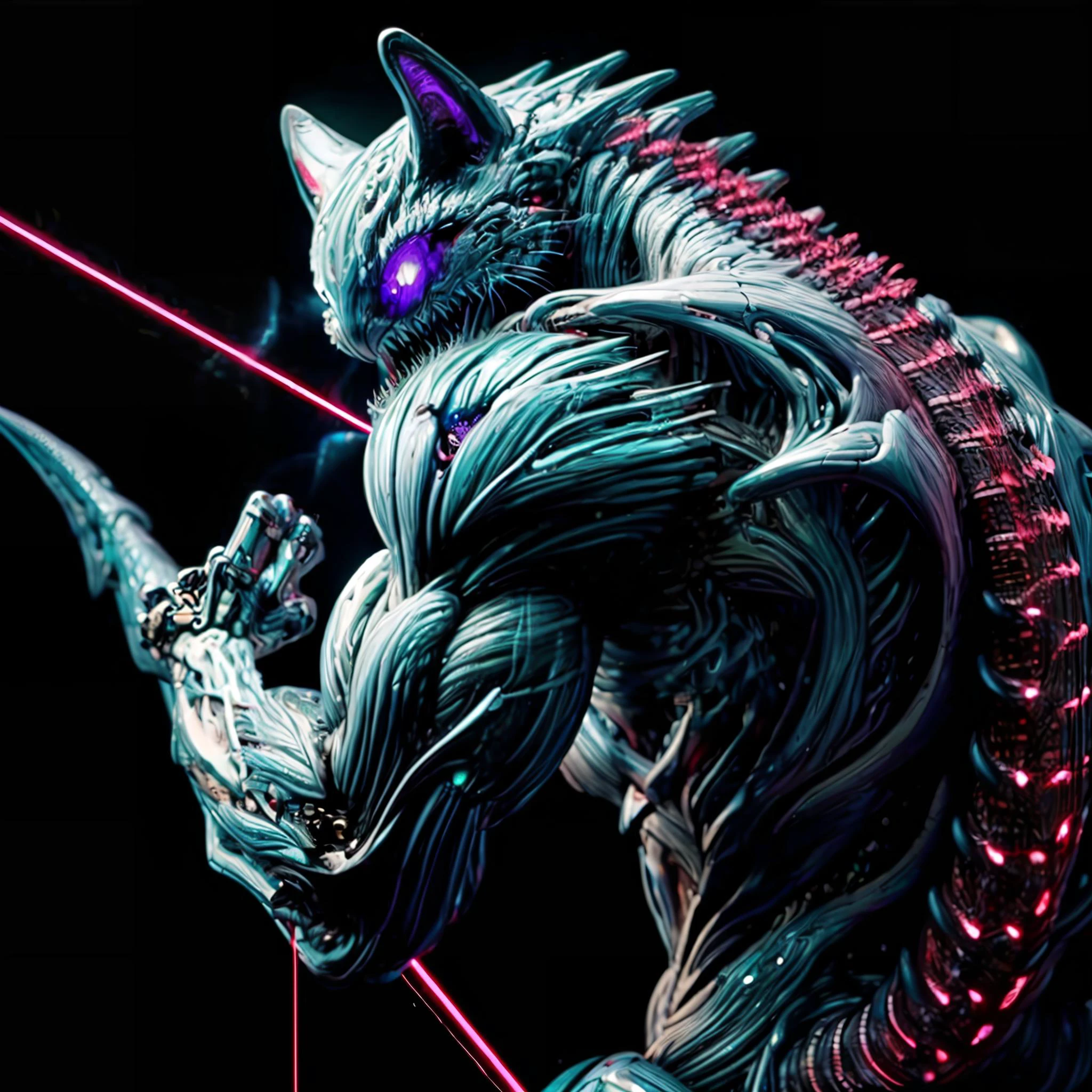 detailed, ultra-detailed, masterpiece, 8k wallpaper,<lora:BIOMECHA:1> , (bio mecha:1.5),(mecha:1.4), , (muscle:1.3), (muscle tissue:1.5), cat shark,no humans,hybrid cat, monster cat, bright white background, extra eyes, mecha, laser, solo, science fiction, teeth, glowing,dripping, cable, claws, shark dog,mechanical tail, weapon, <lora:more_details:0.8> <,lora:add_detail:0.8>, <lora:colorfix:0.8>,epic backround