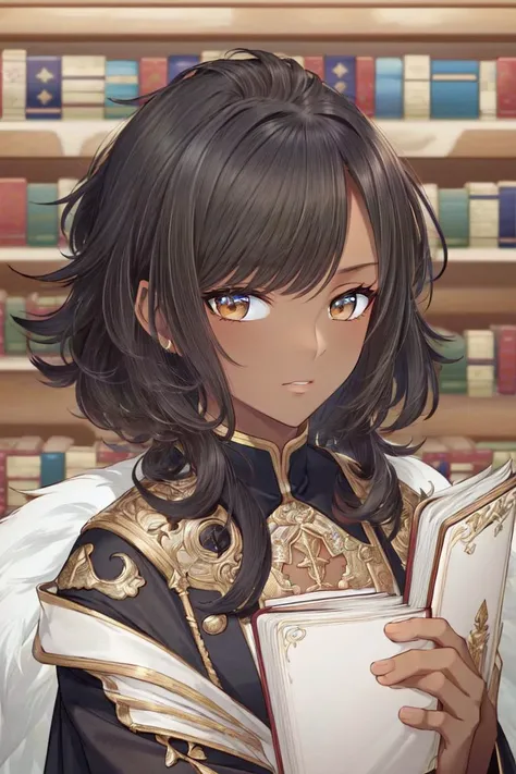 ((best quality)), ((highly detailed)), masterpiece, extremely detailed face, beautiful face, (detailed eyes, deep eyes), (1girl), full body, <lora:hairdetailer:1>, ((dark skin, dark-skinned female, ebony)):1.2, dark hair, (very curly hair), brown eyes, (inside, at a library, book shelves, open book), <lora:YanWan:1>