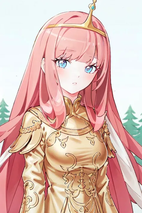 ((best quality)), ((highly detailed)), masterpiece, (detailed eyes, deep eyes), (1girl), fisheye lense, upper body, <lora:princessBonnibel_01:.4>, bubblegumwaifu, long hair, pink hair, blunt bangs, (colored skin, pink colored skin:1.2), blue eyes, medium breasts, gold crown, (in a forest, forest canopy, midday), <lora:YanWan:1>