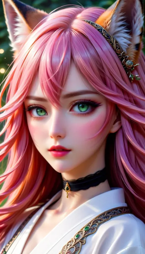 1woman, solo,  long hair, pink hair, black choker, green eyes, eyeliner, gorgeous lips, cinematic, (masterpiece), (best quality), (ultra-detailed), very aesthetic, illustration, perfect composition, intricate details, absurdres, detailed face, (anime, masterpiece, intricate:1.3), (best quality, hires textures, high detail:1.2), (4k),(incredibly detailed:1.4) 
detailed skin, eyeshadow, fox tail, fox ears, no bra,  pale skin, white kimono, beautiful eyes, detailed eyes, sparkling eye