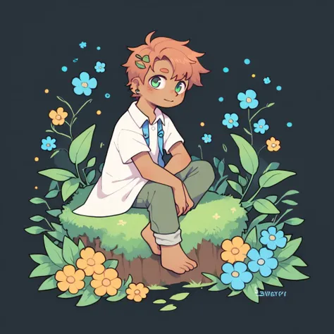 solo, The Q version of the cute human, male, falu red hair, freckles, short hair, round eyeglasses, big eyeglasses, human ears, dancing, arms extended, sunflower garland above his head, smiling, eyes looking up, happy, smile, mouth open, cute, white background, naked, nude, full body, small balls, small penis, flaccid penis, shorstack, chubby, 