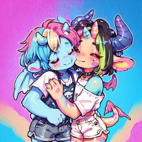 score_9, score_8_up, two Unigan, 1boy, 1girl, cute, horns, wings, colorful skin, vibrant highlights, shorts, girl kissing boy on cheek, blush, colorful background, digital art, highly detailed, zPDXL, <lora:UniganPDv2:.8>, <lora:CuteMixPDv2:.8>