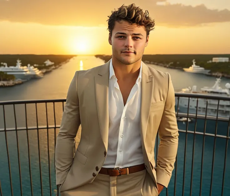 Nautical-themed (Photo:1.3) of (Ultrarealistic:1.3) <lora:Man_Men_FFashion:1> Noah Centineo a man <lora:paul-cuffaro-Noah-Centineo:1> in a tan suit standing on a balcony, sun behind him, inspired by Pablo Munoz Gomez, shot at golden hour, editorial photograph, midshot of a hunky, by Roman Bezpalkiv, by Artur Tarnowski, maxim sukharev, by Gabor Szikszai,Highly Detailed,(Mono Color:1.3) . Sea, ocean, ships, maritime, beach, marine life, highly detailed