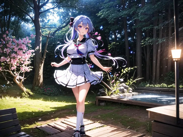 ((masterpiece)), (best quality), (ultra-detailed), high resolution, extremely detailed, intricate detail, perfect anatomy, finely detailed, bloom, illustration, epic lighting, cinematic composition, colorful,
semirealistic, game_cg,
bloom, hard shadows, studio lighting, soft lighting, diffused lighting, rim lighting, volumetric lighting, specular lighting, cinematic lighting, luminescence, translucency, subsurface scattering, global illumination, indirect light bioluminescent details, glowing, shimmering light, iridescent, backlighting, caustics,
dark, late night, midnight,
outdoor, night, nighttime, trees, forest, glowing butterflies,moonlight shines, moonlight ray, light particles, huge glowing sakura tree background, cherry blossoms fall,
full body focus, solo, standing in the forest at night,
looking at viewer, light smile, sorakado ao, large breasts, long blue hair, garnet eyes, parted lips,
eyelashes, eyes visible through hair,
white school uniform, white mini pleated skirt, teal skirt, black knee high socks, sneakers, red hair ribbon, hair bow, puffy short sleeves, puffy sleeves ribbon, sailor collar, black bow,
hair glowing, touch glowing blue butter fly,
<lora:sorakado ao-000005:1.2>