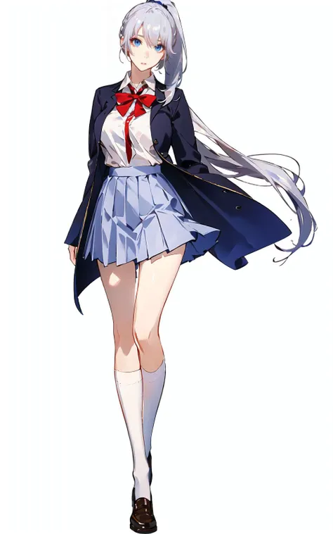 best quality,ultra high res,1girl,solo,white background,full body,JK,ponytail,silver hair,blue eyes,expressionless,school uniform,(mature female:1.2),(tall female:1.2),(tall girl:1.2),huge breasts,