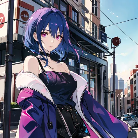 best quality,ultra high res,1girl,solo,upper body,sky,city,street,
blue hair,(pink eyes:0.5),fashion,off shoulder,oversized coat,