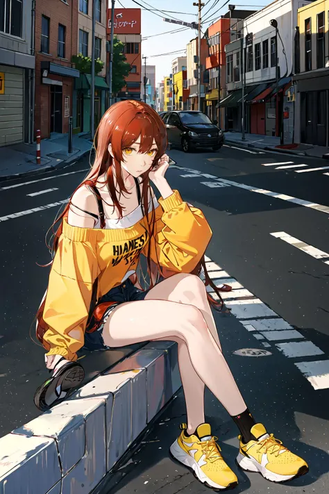 best quality,ultra high res,1girl,solo,upper body,5 fingers, detailed hand,off shoulder,sneakers,city,street,sitting,red hair,yellow eyes,trusime,expressionless,
