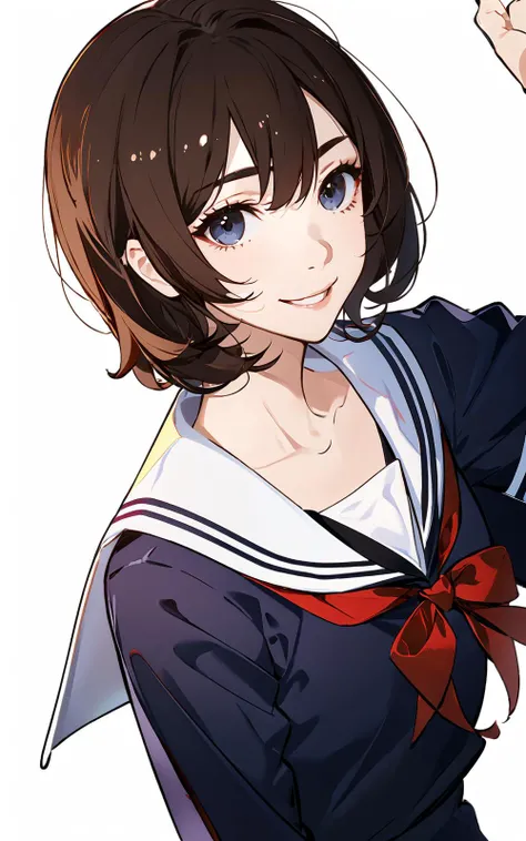 best quality,ultra high res,1girl,solo,(white background:1.3),
smile,JK,school uniform,brown hair,grey eyes,happy