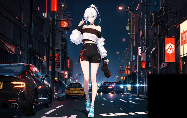 best quality,ultra high res,1girl,solo,full body,5 fingers, detailed hand,off shoulder,sneakers,city,street,cyberpunk,neon lights,night,
tsurime,expressionless,high ponytail,
white hair,blue eyes,