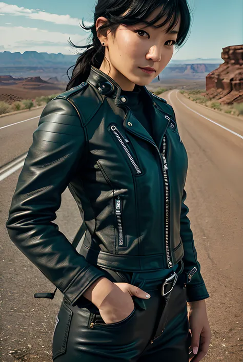 photo of (M1L1D401:0.99), a woman as a biker, modelshoot style, (extremely detailed CG unity 8k wallpaper), photo of the most beautiful artwork in the world, professional majestic oil painting by Ed Blinkey, Atey Ghailan, Studio Ghibli, by Jeremy Mann, Greg Manchess, Antonio Moro, trending on ArtStation, trending on CGSociety, Intricate, High Detail, Sharp focus, dramatic, photorealistic painting art by midjourney and greg rutkowski, (shoddy biker leather combination:1.4), (bra), ((Harley-Davidson)), (tight trousers), ((standing in front of a motorbike)), ((side of the road)), ((route 66)), (rocky desert in the background), (arizona:1.2), (barrel cactus:1.1), (grand canyon:1.1), (looking at viewer), (detailed pupils:1.3), (modern outfit:1.2), (closeup),, dim lights, <lora:epiNoiseoffset_v2:1.3>