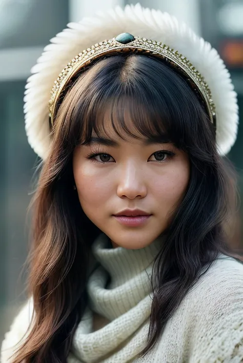 beautiful woman (EPM1ch3ll3L1mD4v1ds0n:.99), perfect hair, jewellery, ((portrait)), (closeup:1.2), ((from the waist up)), ((( factory :1.2 ))), natural skin texture, (( Cowl neck sweater :1.2)), ((wearing Feathered Headpiece:1.2)), 24mm, 4k textures, soft cinematic light, adobe lightroom, photolab, hdr, intricate, elegant, highly detailed, sharp focus, ((((cinematic look)))), soothing tones, insane details, intricate details, hyperdetailed, low contrast, soft cinematic light, exposure blend, hdr, faded, now, ("I've got a bad feeling about this.":1.1)