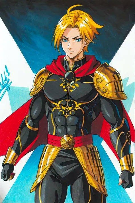 <lora:Traditional_Media_Anime:0.9> detailed eyes, traditional media, black and red theme,, ultra detailed, masterpiece, best quality, aesthetic, detailed,, solo, smile, 1boy, blue eyes, medium blonde hair, parted bangs, hair intakes, male focus, muscular male,, armor, pauldrons, cuirass, gauntlets, waist cape, greaves, black bodysuit, surcoat, shoulder sash, wing shoulder armor, cape, pants,