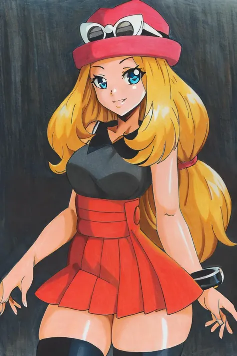 <lora:Traditional_Media_Anime:1>, ((masterpiece,best quality)), absurdres, <lora:serena_v1:0.7>, serena \(pokemon\), 1girl, long hair, blue eyes, thighhighs, long hair, hat, jewelry, bracelet, black thighhighs, collared shirt, pleated skirt, red skirt, sleeveless, high-waist skirt, sleeveless shirt, eyelashes, pink headwear, black shirt, eyewear on headwear, solo, smiling, looking at viewer, cowboy shot, ,