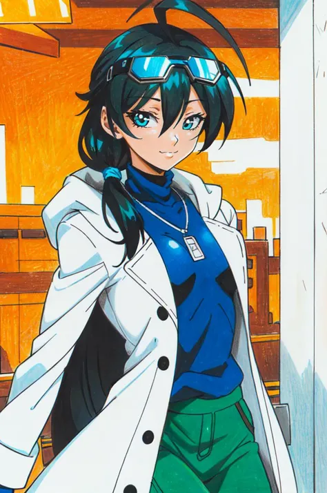 <lora:Traditional_Media_Anime:0.9> detailed eyes, traditional media,, ultra detailed, masterpiece, best quality, aesthetic, detailed,, solo, soft smile, light smile, 1girl, aqua eyes, black hair, <lora:low_ponytail-1.0:0.95> low ponytail, ahoge, absurdly long hair, very long hair, hair flaps, hair between eyes, bangs, messy hair, small breasts, (goggles on head:1.1),, hooded coat, open coat, turtleneck, pants, black knee boots, multiple straps, white coat, layered clothes, hair ribbon, pants under skirt,