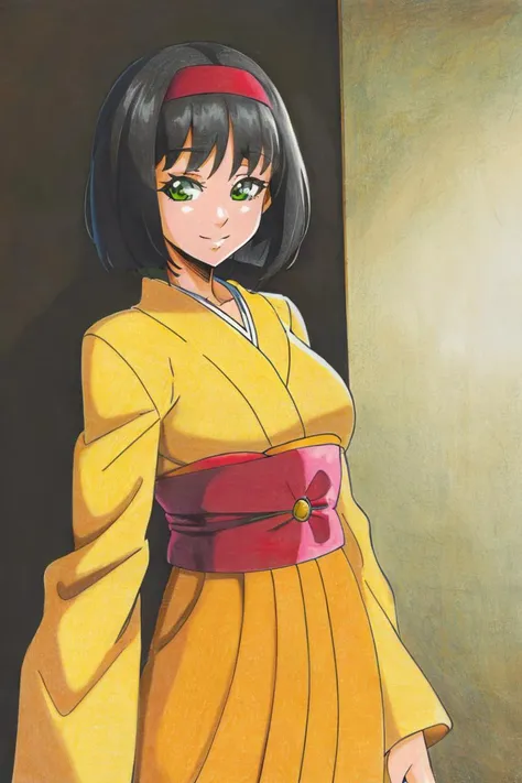 <lora:Traditional_Media_Anime:1>, ((masterpiece,best quality)), absurdres, <lora:Erika_Pokemon_Anime_Dim32:0.8>, Erika_Pokemon, green eyes, short black hair, kimono, hakama, red hairband, solo, smiling, looking at viewer, cowboy shot,